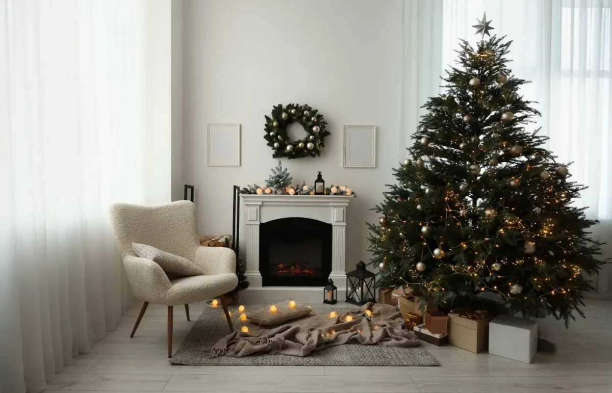 Salon élégant avec un grand sapin de Noël naturel décoré de lumières et de boules dorées, entouré de cadeaux, avec une cheminée décorative et une chaise confortable créant une ambiance festive et chaleureuse.